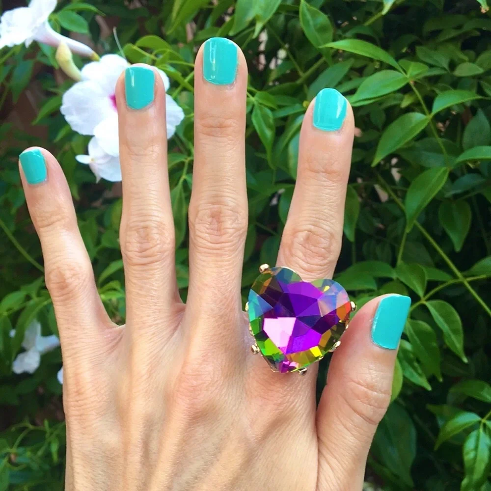 Oversized Heliotrope Crystal Heart + Gold Cocktail Statement Ring